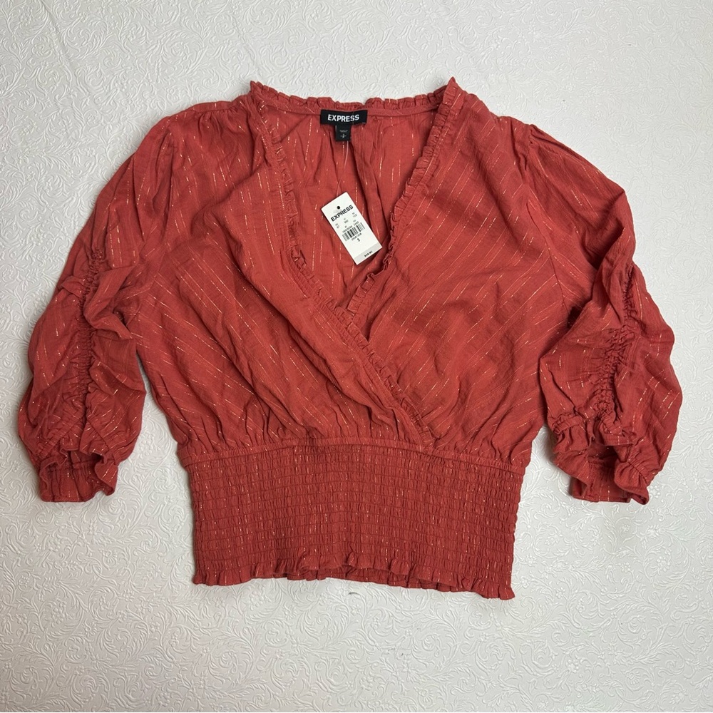 NWT EXPRESS Rust & Gold Metallic Striped Blouse, Size S